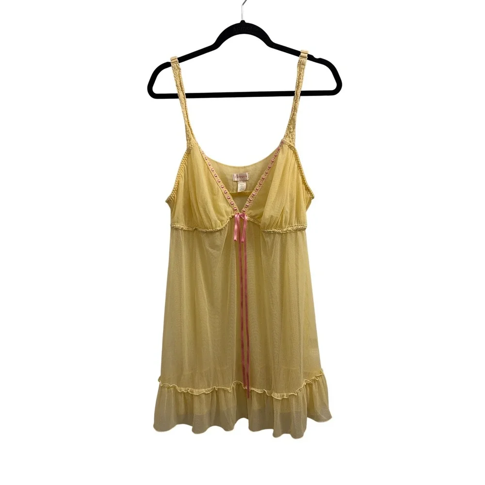 Babydoll Chemise Coquette Fairycore Cacique Women 18/20 Yellow Mesh Ruffle Trim
